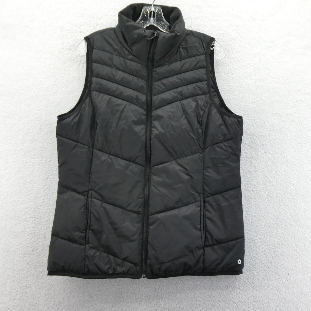 Xersion Vest Women Large Packable Puffer Black Chevron Quilted Full Zip Nylon